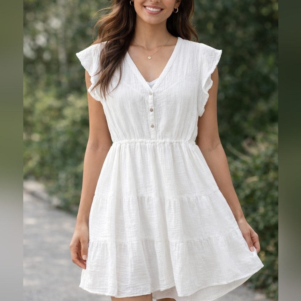 JOIE Cotton Gauze BEACH White Boho Summer Dress V-Neck Cottagecore Womens Size M